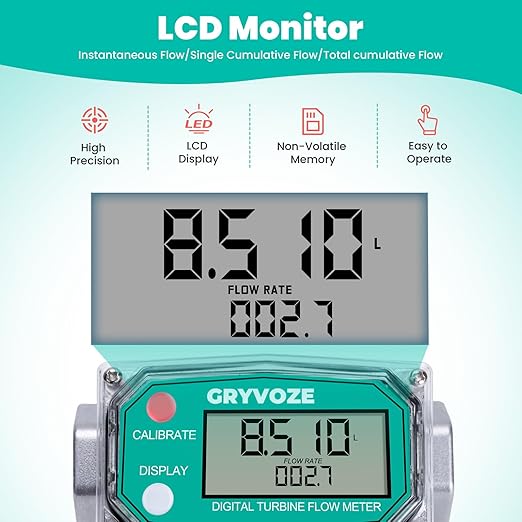 3/4 Inch Digital Turbine Water Fuel Flow Meter with 3/4 Inch NPT Male, 0.8-13.2 GPM Inline NPT Thread ±1% Accuracy Flowmeter for Diesel, Gas Oil, Gasoline, and Other Liquids