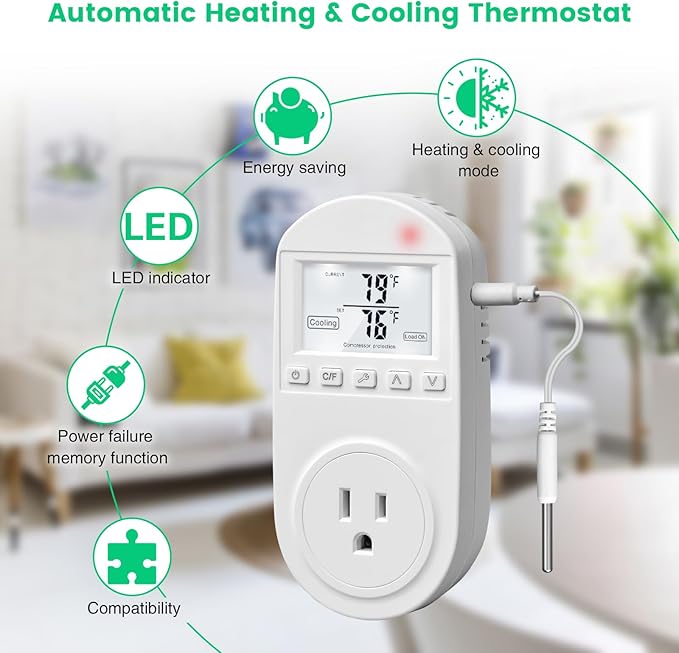 Temperature Controlled Outlet, Briidea Thermostat Outlet Compatible with Window Air Conditioner, Space Heaters, Fans, Auto On/Off, Ideal for Household, Greenhouse, Reptile, Incubator, 110V 15A