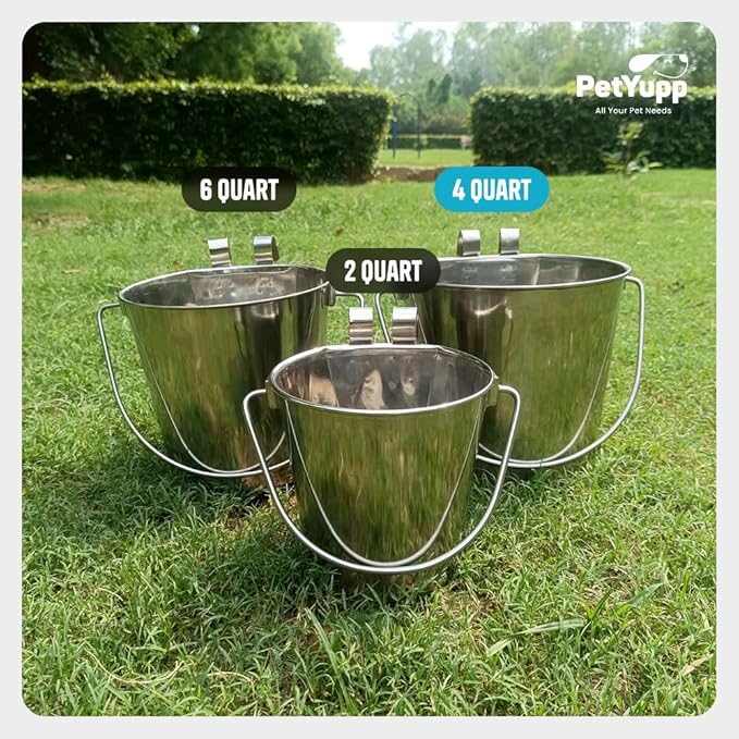 1 Gallon Stainless Steel Bucket - Heavy Duty Flat-Side Metal Bucket for Pets & Livestock Feeding - Rust Resistant Water Bucket with Hooks for Kennels, Cages, Crates & Fences - 4 Quart