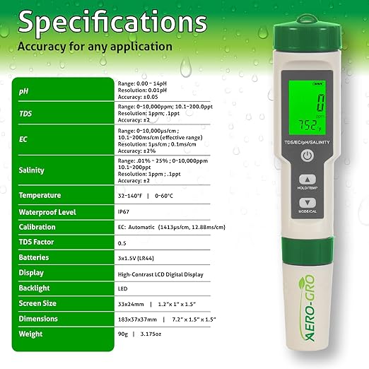 5-in-1 Digital Water Testing Meter | pH, TDS, EC, Salinity & Temperature Tester | Hydroponics, Aquarium, Pool & Drinking Water Quality Monitor