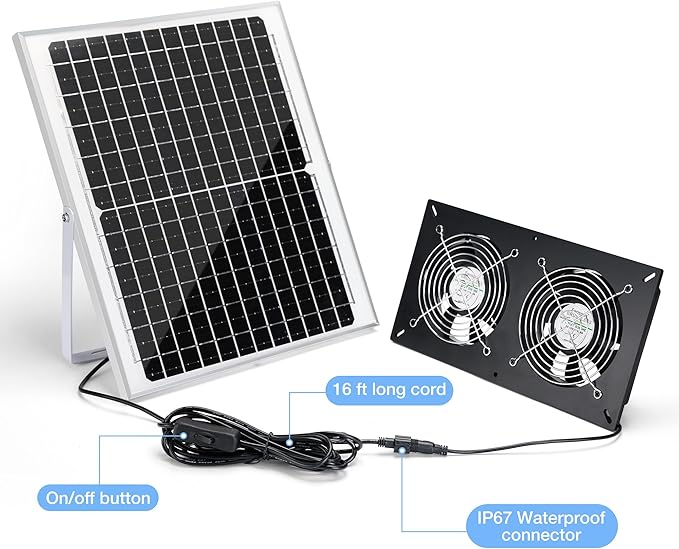 Fanspex Solar 2 Fan Kit, Waterproofed Solar Powered Fans for Outdoor Chicken Coop, Greenhouse & Shed Intake or Exhaust Air