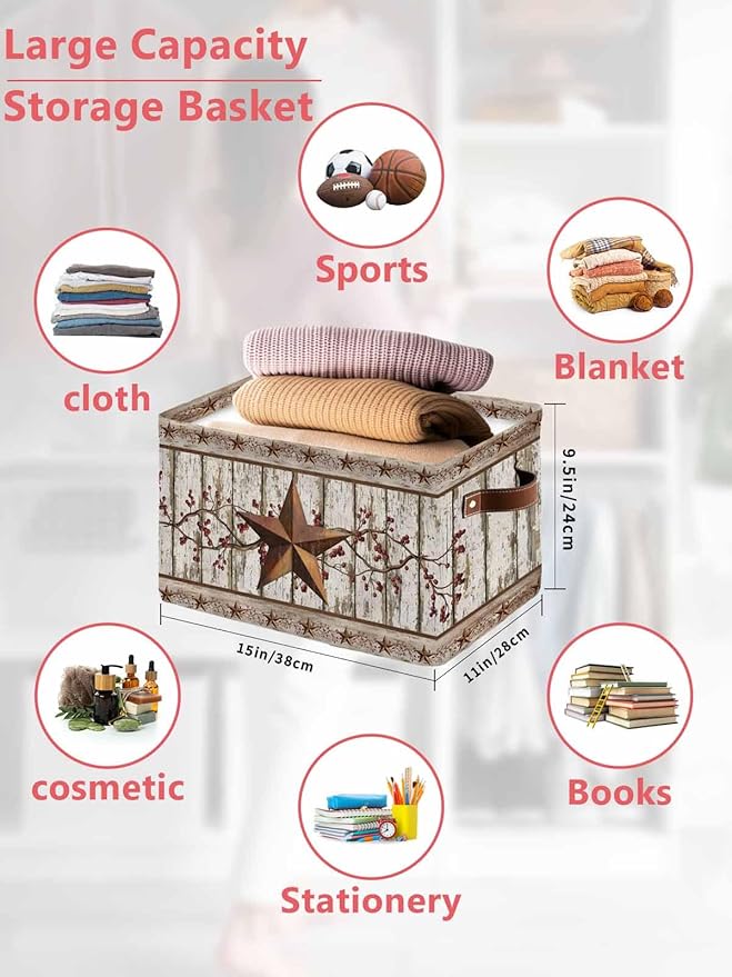 Texas Star Grey Wooden Storage Bins Cubes Waterproof Cloth Storage Basket, Farmhouse Berry Countryside Foldable Storage Bags for Shelf Closet Clothes Storages Organizers with Handles 15x11x9.5 in 2PCS