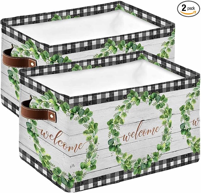 Spring Eucalyptus Leaves Storage Bins Cubes Waterproof Cloth Storage Basket,Farmhouse Botanical Gray Wood Foldable Storage Bags for Shelf Clothes Storages Organizers with Handles 15x11x9.5 in 2PCS
