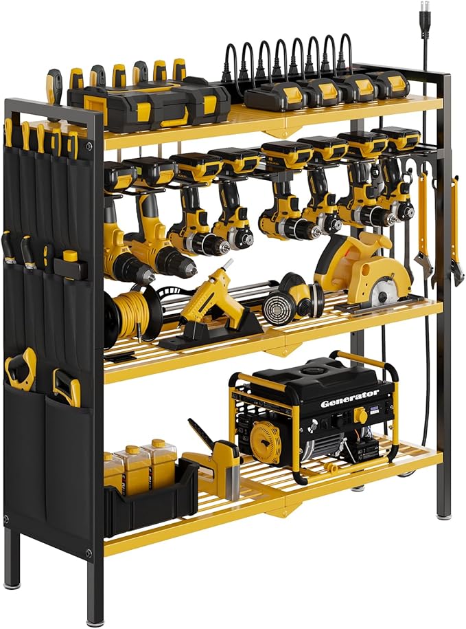 NattyDot Large Power Tool Organizer Cart with Charging Station 8 Drill Holder Garage Storage Standing Heavy Duty and Stability Storage Rack Utility Tool Shelf (Yellow)
