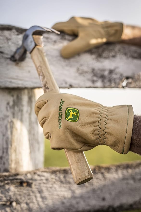 John Deere JD84013-L Men's Water Resistant Leather Gloves, Abrasion Resistant, Tan, Large