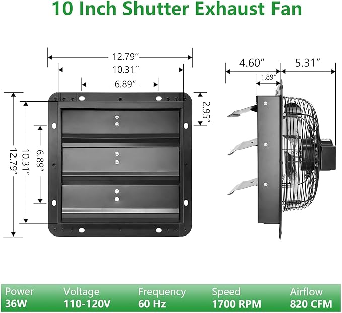 Shutter Exhaust Fan with Thermostat & Speed Control, 820 CFM,1700RPM, Upgrade 10 inch Wall Mount Attic Vent Fan for Chicken Coops, Greenhouse, Gable, Barn, Garage, Shed Ventilator
