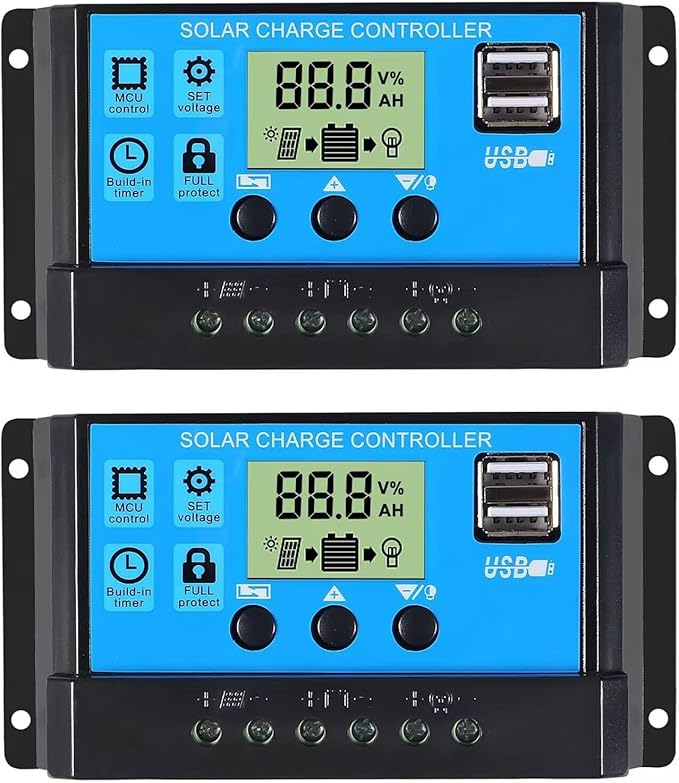 30A Solar Charge Controller 12V/ 24V Solar Panel Charge Controller Intelligent Regulator with 5V Dual USB Port Display Adjustable Parameter LCD Display and Timer Setting ON/Off Hours (1) (2pcs)