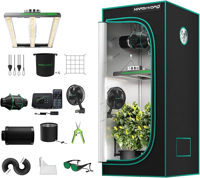 MARS HYDRO 3x3 Smart Grow Tent Kit Complete System with WiFi-Integrated Controller 43,150W FC-E1500 Dimmable Grow Light,32" x 32" x 63" 1680D High Reflective Mylar,4inch Automatic Ventilation Kit