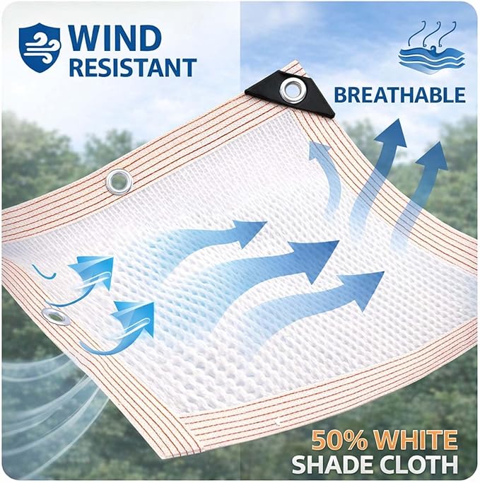 50% White Shade Cloth for Plant Sunblock, Heavy Duty Garden Netting Breathable Shade Mesh Tarp with Grommets Outdoor Privacy Fence Screen for Greenhouse Patio Yard Canopy(8x8ft)