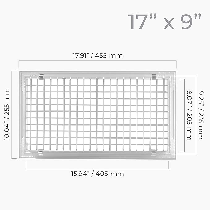 17" x 9" Aluminum Supply & Return Air Grille – Powder-Coated Wall Vent Register Cover with Adjustable Louvers – Flat Duct HVAC Ventilation System Exhaust & Intake Vent with Mounting Clips