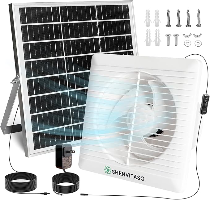 Solar Exhaust Fan with Power Adapter, 6 Inch Solar Powered Exhaust Ventilation Fan, Quiet Brushless Solar Vent Fan with 25W Solar Panel, Anti‑Backflow Valve for Chicken Coop, Shed, Greenhouse