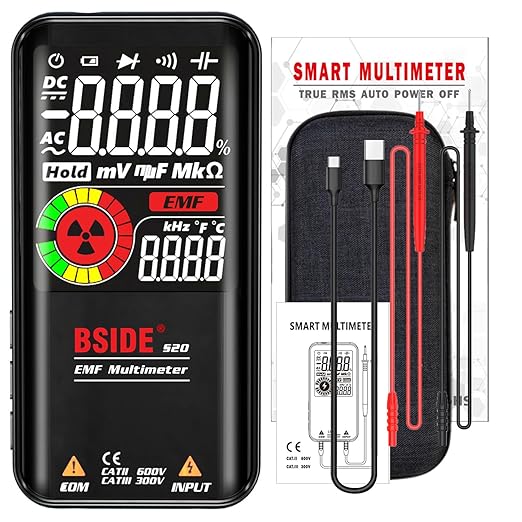 BSIDE Digital Multimeter Color LCD 3 Results Display 9999 Counts Auto Range Voltmeter, Rechargeable with EMF Detector, Capacitance Ohm Hz Diode Live Check Voltage Tester