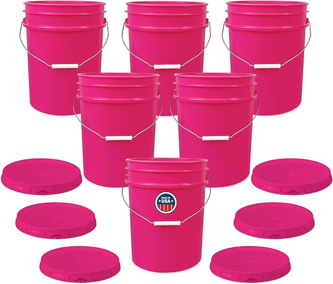 ePackageSupply 5 Gallon Bucket - Food Grade Bucket with Airtight Gasketed Tear Strip Lid, BPA-Free, Heavy-Duty 90 Mil HDPE Plastic Pail, Bulk Storage, Durable Container, Made in USA - Pink, 6 Packs