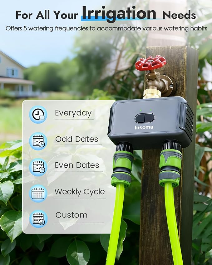 Insoma 2-Zone WiFi Water Timer for Garden Hose, WiFi Hose Timers with Brass Inlet, No-Gateway 2.4GHz Remote APP & Voice Control (Alexa/Google), Rain Delay & Manual Mode for Yard Lawn Garden Watering