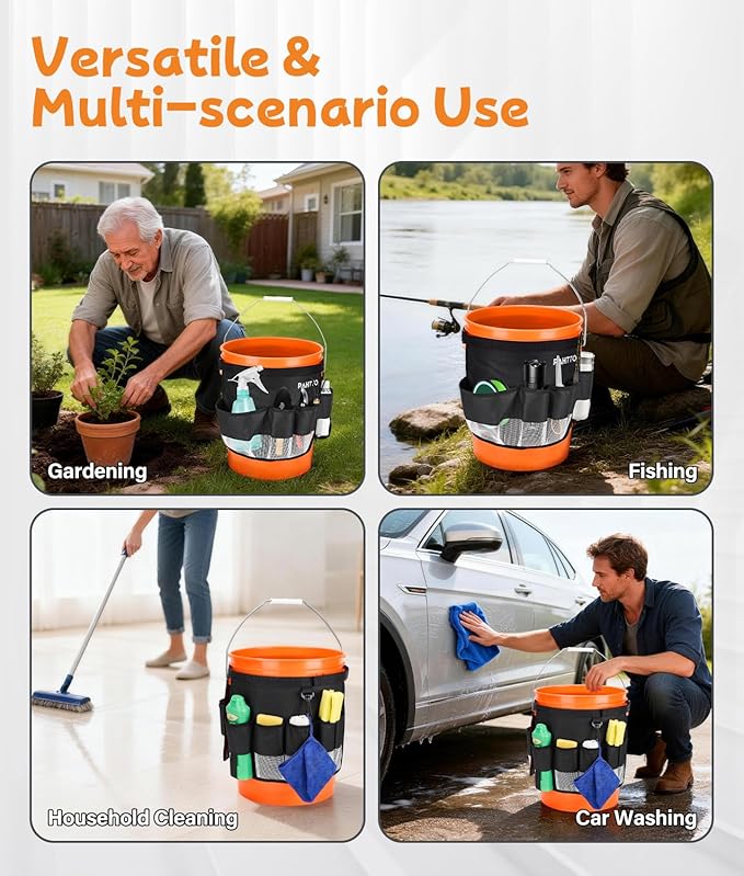 Bucket Tool Organizer, 5 Gallon Garden Bucket Tool Bag, Waterproof Bucket Storage Caddy with Mesh Pocket, Versatile for Car Wash Suppliers, Gardening Tools, Fishing Gear, Fit 3.5 to 5 Gallon Buckets