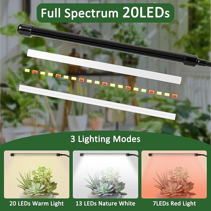 LED Grow Light for Indoor Plants, 20W 6000K Plant Lights for Seedings Succulents, Waterproof Grow Lamp with Timer Auto On/Off 3/9/12H, 9 Dimming