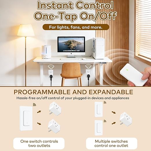 NineLeaf Wireless Remote Control Outlet Plug Kit, 3 Square Plug-in Light Outlets with 1 Switch,15A/1500W, No Wiring, 500ft RF, Light Switch for Lamps Household Appliances