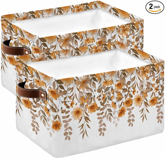 Brown Floral Storage Bins Cubes Waterproof Cloth Storage Basket, Farmhouse Spring Flowers Leaves Foldable Storage Bags for Shelf Closet Clothes Storages Organizers with Handles 15x11x9.5 in 2PCS