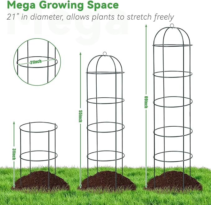 Large Trellis, Garden Obelisk Trellis for Climbing Plants Outdoor, 69" Metal Trellises for Tomato Cucumber Grape Clematis Rose Vine Support, Heavy Duty Fit 25-Gallon Container Raised Bed, Freestanding