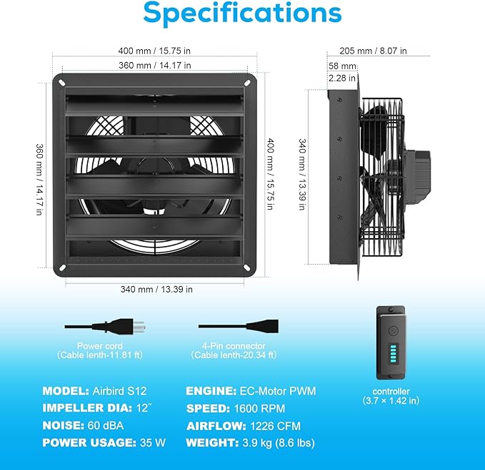 1226 CFM Shutter Exhaust Fan, 12 Inch Wall Mount Attic Fan with Speed Controller, Ventilation and Cooling for Greenhouses, Garages, Attics, Studios, Workshops,Manual Model, Black
