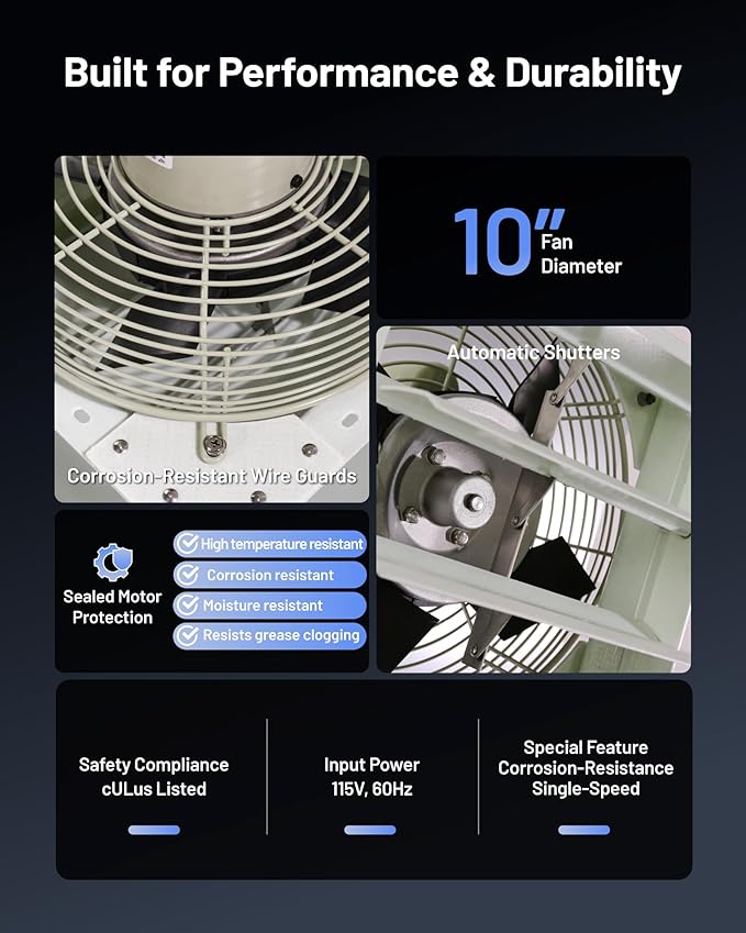 iLIVING 10-Inch Corrosion Resistance Shutter Exhaust Fan, Single Speed
