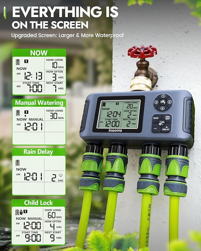 Insoma 4-Zone Water Timer with Brass Inlet, Automatic Garden Hose Timer with Manual/Rain Delay & Large Display, IPX5 Waterproof Faucet Timers for Sprinkler System, Yard, Lawn, Greenhouse