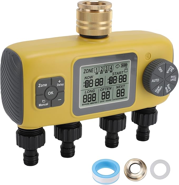 RiToEasysports Irrigation Timer, Intelligent Control, 4 Zone Watering Timer, Rain Delay, 3/4in Brass Inlet for Yard Lawn 40.1°F to 113°F
