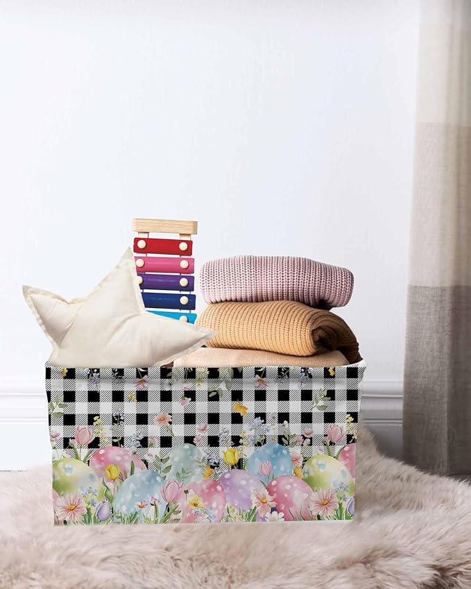 Spring Easter Flowers Storage Bins Cubes Waterproof Cloth Storage Basket,Farmhouse Floral Black Buffalo Plaid Foldable Storage Bags for Shelf Clothes Storages Organizers with Handles 15x11x9.5 in 1PCS