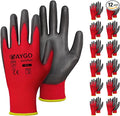 KAYGO Work Gloves for Men and Women, 12 Pairs Seamless Knit PU Coated Safety Gloves, with Smooth Grip on Palm and Fingers, Ideal for Light Warehouse, Manufacturing, Gardening, KG11P (L, Red)