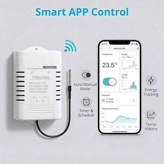 EWeLink Wireless Remote TH16 Switch WiFi Smart 16A Temperature Controller Sensor Module,with Energy Consumption Monitoring, Compatible with Alexa Google Home