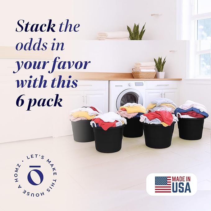 HOMZ 6-Pack Utility Tub, Large Plastic Storage Bucket with Rope Handles, 17 Gallon, Black - Portable Indoor and Outdoor Buckets for Kitchen, Laundry, Garden, Bathroom, and Garage Organization