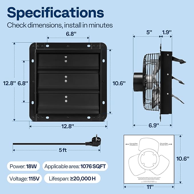 VIVOHOME 10" Shutter Exhaust Fan with EC Motor – 900 CFM, Variable Speed, Timer, Wall-Mounted for Attic, Garage, Greenhouse, Chicken Coop, Barn Ventilation