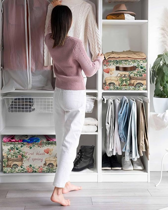 Eucalyptus Trucks Storage Bins Cubes Waterproof Cloth Storage Basket,Spring Farmhouse Floral Leaves Burlap Foldable Storage Bags for Shelf Clothes Storages Organizers with Handles 15x11x9.5 in 1PCS