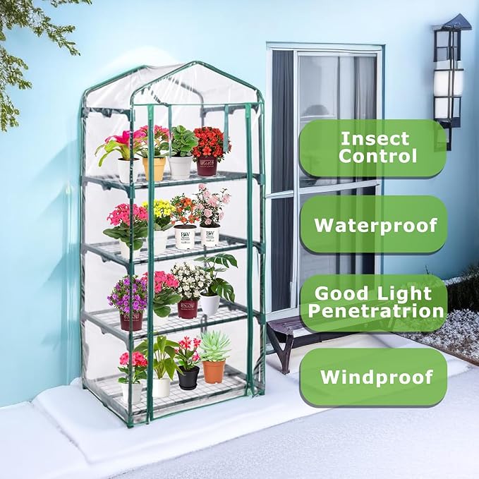 Purlyu Mini Greenhouse for Indoor Outdoor, Plant Green House 4-Tier Rack Stand Portable Greenhouses with Durable PVC Cover for Seedling, 2.5x1.6x5.2 FT,Ideal Gardening Gifts for Women Men(PLGH704P)