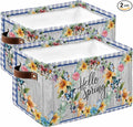 Hello Spring Storage Bins Cubes Waterproof Cloth Storage Basket,Farmhouse Floral Eucalyptus Wood Blue Plaid Foldable Storage Bags for Shelf Clothes Storages Organizers with Handles 15x11x9.5 in 2PCS