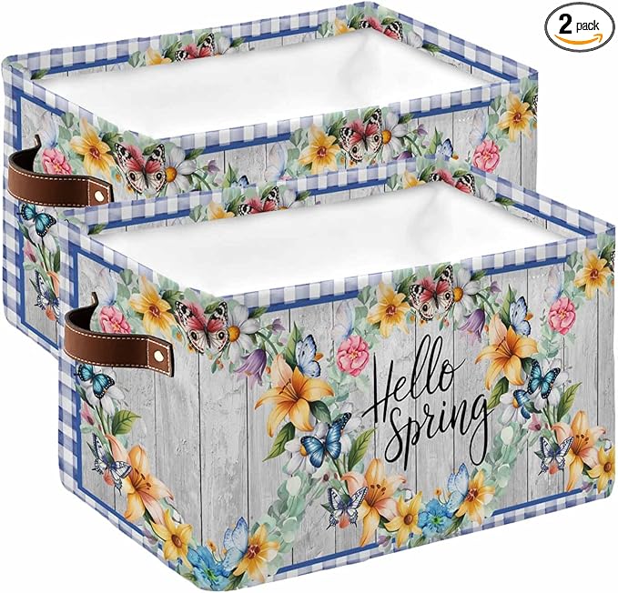 Hello Spring Storage Bins Cubes Waterproof Cloth Storage Basket,Farmhouse Floral Eucalyptus Wood Blue Plaid Foldable Storage Bags for Shelf Clothes Storages Organizers with Handles 15x11x9.5 in 2PCS