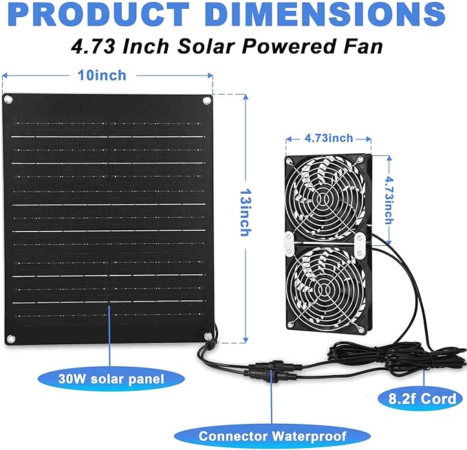 Solar Powered Fan, 30W Large Solar Fan Exhaust Dual Exhaust Fan, Equipped with Two IPX7 Waterproof Fans, Suitable for air Ventilation & Circulation in Chicken Coops, Greenhouses, Sheds, Pet Houses