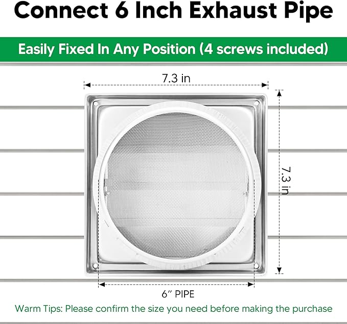 Funmit 6'' Metal Dryer Vent Cover, 7"x7" Outside Dimensions with Metal Mesh Screen, Outdoor Stainless Steel Louvered Vent Cover Includes 4 Screw for Easy Installation