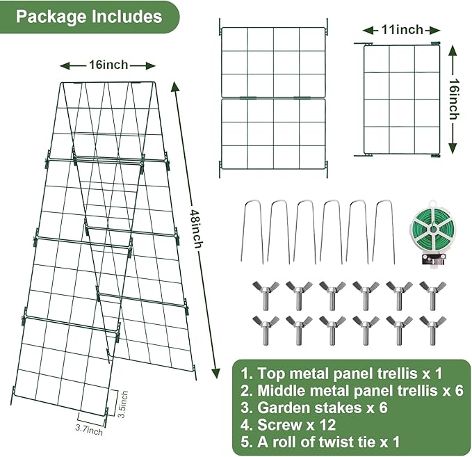 Heavy Duty 48"x16" Adjustable A-Frame Cucumber Trellis for Climbing Plants,iGreely Foldable Frame Rust-Proof Metal Trellis with Dense Grid,Perfect for Raised Beds, Garden,Tomatoes,Outdoor(Green)