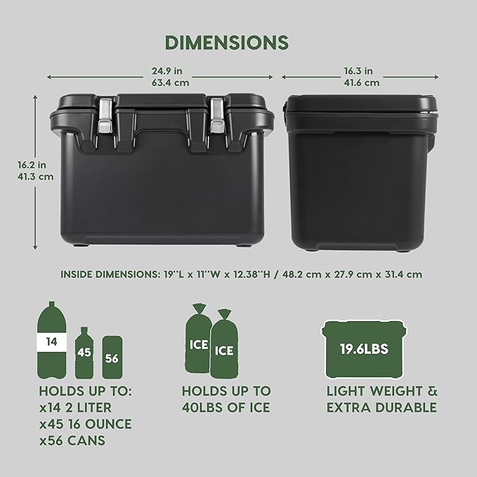 IRIS USA Hugel 44 QT Cooler, Heavy Duty Metal Buckles, Leak-Free Design, Durable Hard Cooler, Ice Chest with Bungee Strap, Molded Handles, Camping Boat Tailgating Road Trips, Charcoal Gray