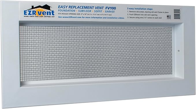 FV100-8H Easy Replacement Vent, Foundation Crawlspace and Garage 5x14 Rough Opening, Galvanized Mesh