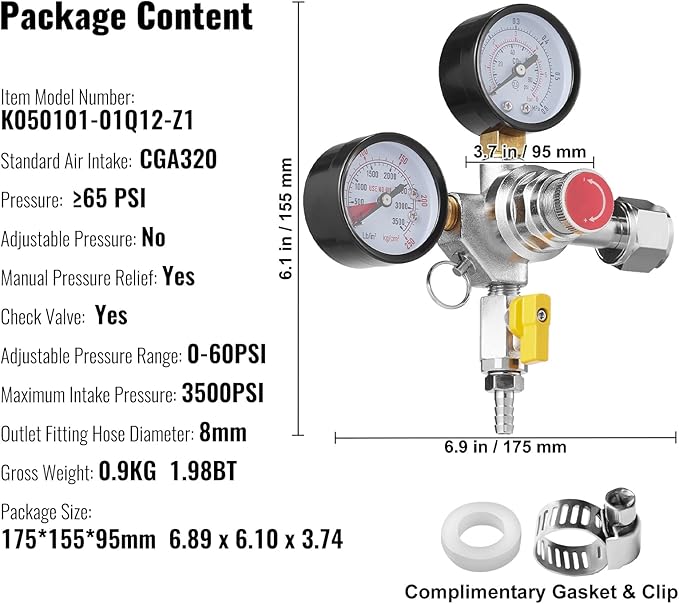 VEVOR Double Gauge Regulator, CO2 Regulator Gauge with 0-60PSI, Heavy Duty CO2 Gauge Gas System, Draft Beer Regulator with Check Valve, Adjustable Pressure Regulator for Draft Beer Homebrew, CGA320
