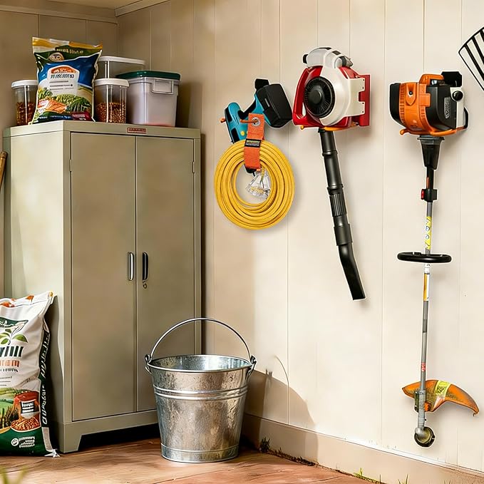 Heavy Duty Garden Power Tool Hanger, Garage Storage Utility Hooks with Storage Straps, Electric Tool Hooks, String Trimmer Hangers, Garden Tool Organizer, Weedeater Rack (2, Orange)