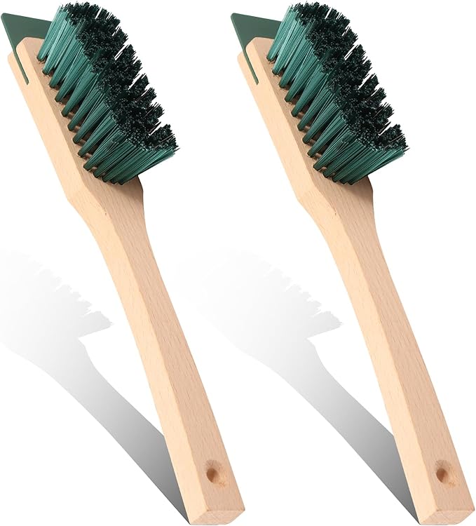 2 Pcs Lawn Mower Scrub Brush Universal Lawn Mower Stiff Bristle Brush with Scraper and Wood Handle for Deck Gutter Garden Tool Cleaning