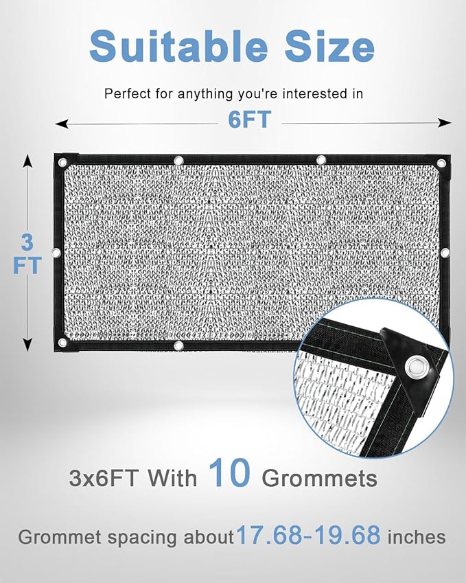 vensovo 50% Aluminum Shade Cloth - Reflective Aluminium Shade Netting Sun Shade Cover with Grommets for Cars, Dogs, Outdoor, RV, Patio (3x6FT)
