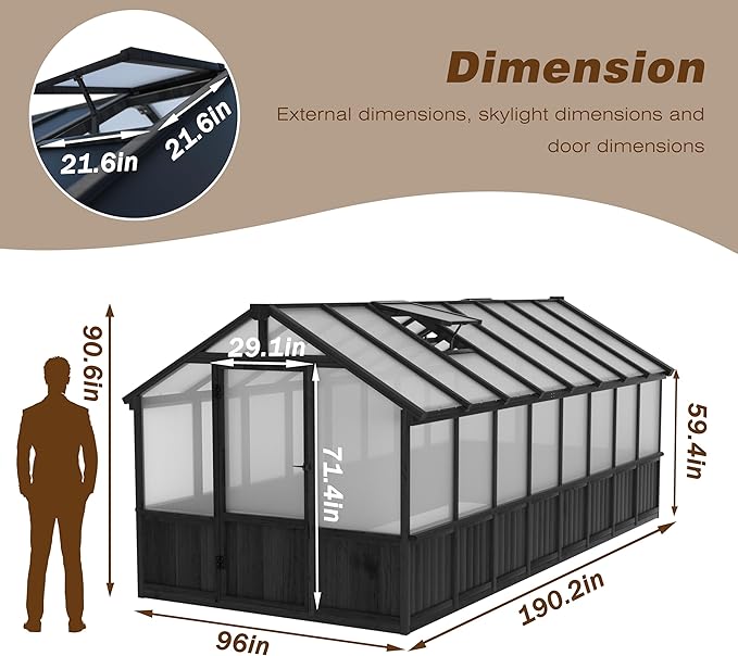 Yardenaler 8x16 FT Greenhouse for Outdoor, 6MM Thick Polycarbonate Panel Wooden Walk-in Green House with Adjustable Roof Vents and Lockable Door, Backyard Garden, Black