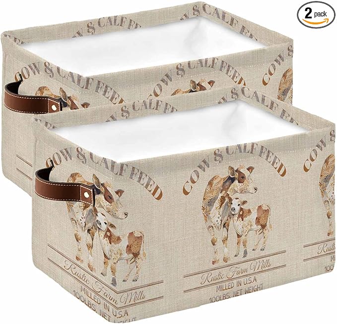 Beige Farm Animals Storage Bins Cubes Waterproof Cloth Storage Basket, Vintage Cow Farmhouse Foldable Storage Bags for Shelf Closet Clothes Storages Organizers with Handles 15x11x9.5 in 2PCS