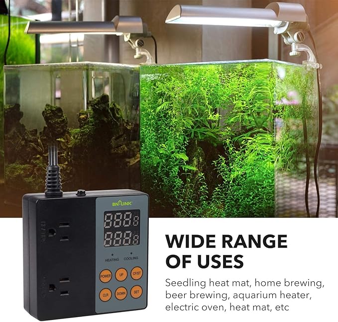 BN-LINK Digital Temperature Controller Heating Cooling 2-Stage Outlet Thermostat Controller Plug for Reptiles Aquarium Carboy Homebrew Breeding Fermenter Seed Germination °C/°F -40-176°F 15A/1875W