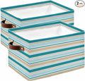Teal Khaki Striped Storage Bins Cubes Waterproof Cloth Storage Basket,Farmhouse Stripes Modern Abstract Art Foldable Storage Bags for Shelf Clothes Storages Organizers with Handles 15x11x9.5 in 2PCS