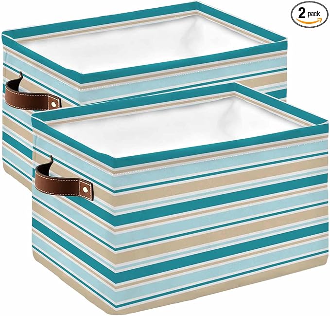 Teal Khaki Striped Storage Bins Cubes Waterproof Cloth Storage Basket,Farmhouse Stripes Modern Abstract Art Foldable Storage Bags for Shelf Clothes Storages Organizers with Handles 15x11x9.5 in 2PCS